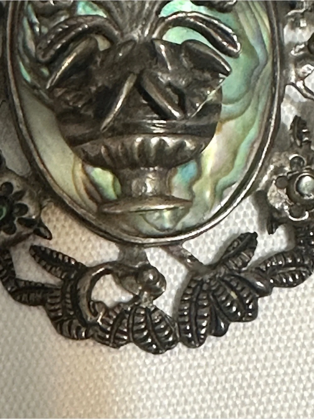 Vintage Mexican sterling silver and abalone shell floral brooch and pendant.